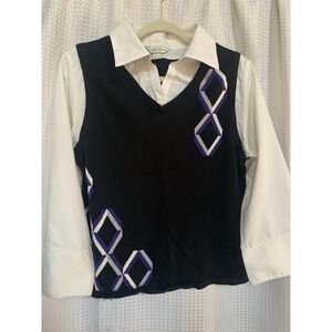 Christopher & Banks Women Large Pullover Top Black With Faux White Shirt